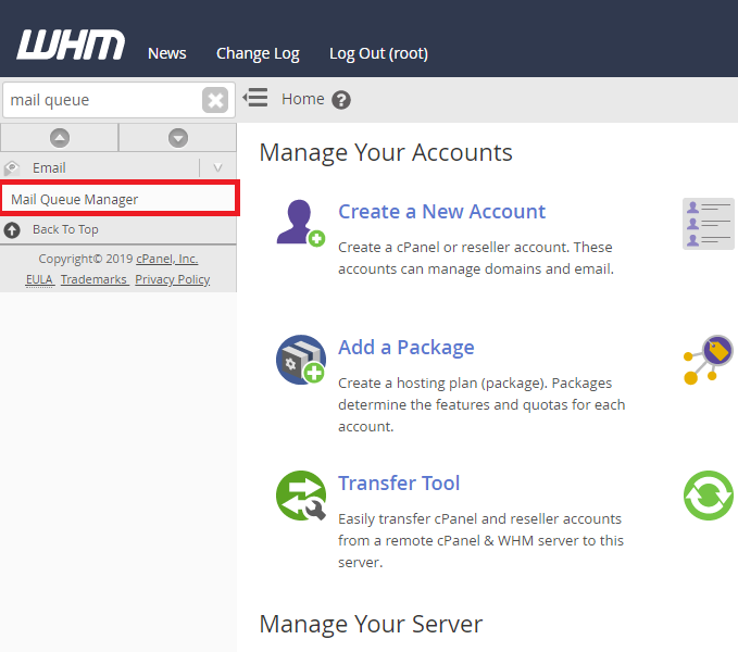 mail queue manager link in WHM